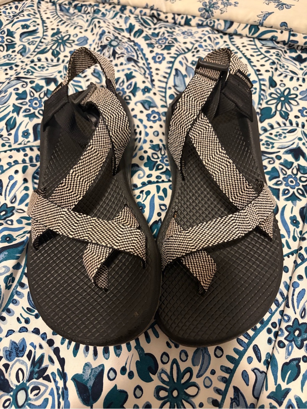 Chaco Women's Black Sandals with White Patterned Straps Size 8